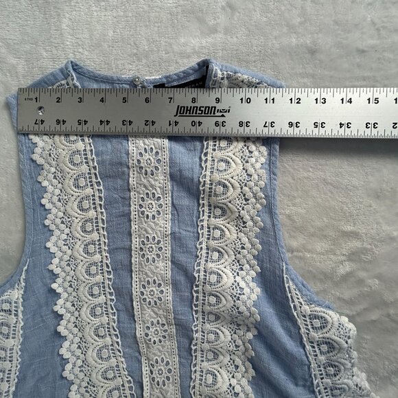 Zara Woman Chambray Lace Sleeveless Tank Top Blouse XS Blue/White Tasseled New - Picture 5 of 7